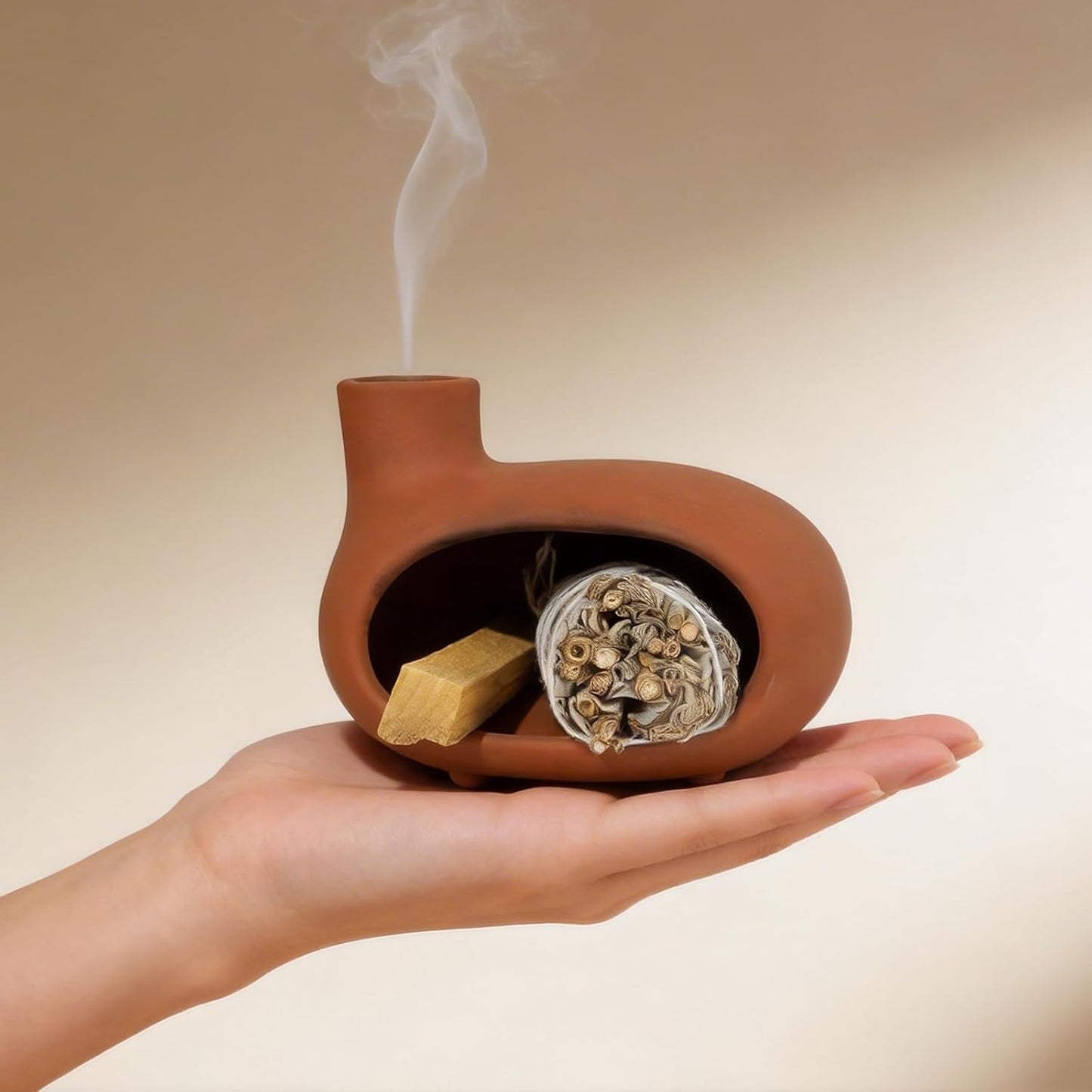 MOUGIGI Terracotta Palo Santo Holder - Modern Chiminea Incense Burner for Yoga, Meditation, and Energy Cleansing - Wood Sticks Dish, Sage Ash Catcher, Smudge Bowl, Cone Burner - Unique Meditation Gift