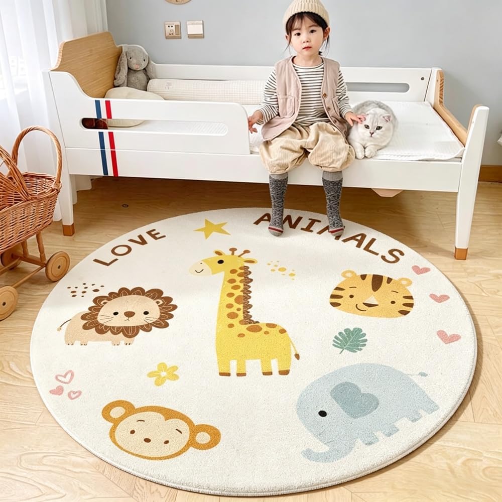 Poowe Cute Animals Kids Room Rug,39.4" Round Washable Area Rugs Rabbit Rug Nursery Rug for Baby Boys Girls Play Mat Floor Carpet Non Slip Soft Rugs for Living Room Bedroom Playroom Classroom