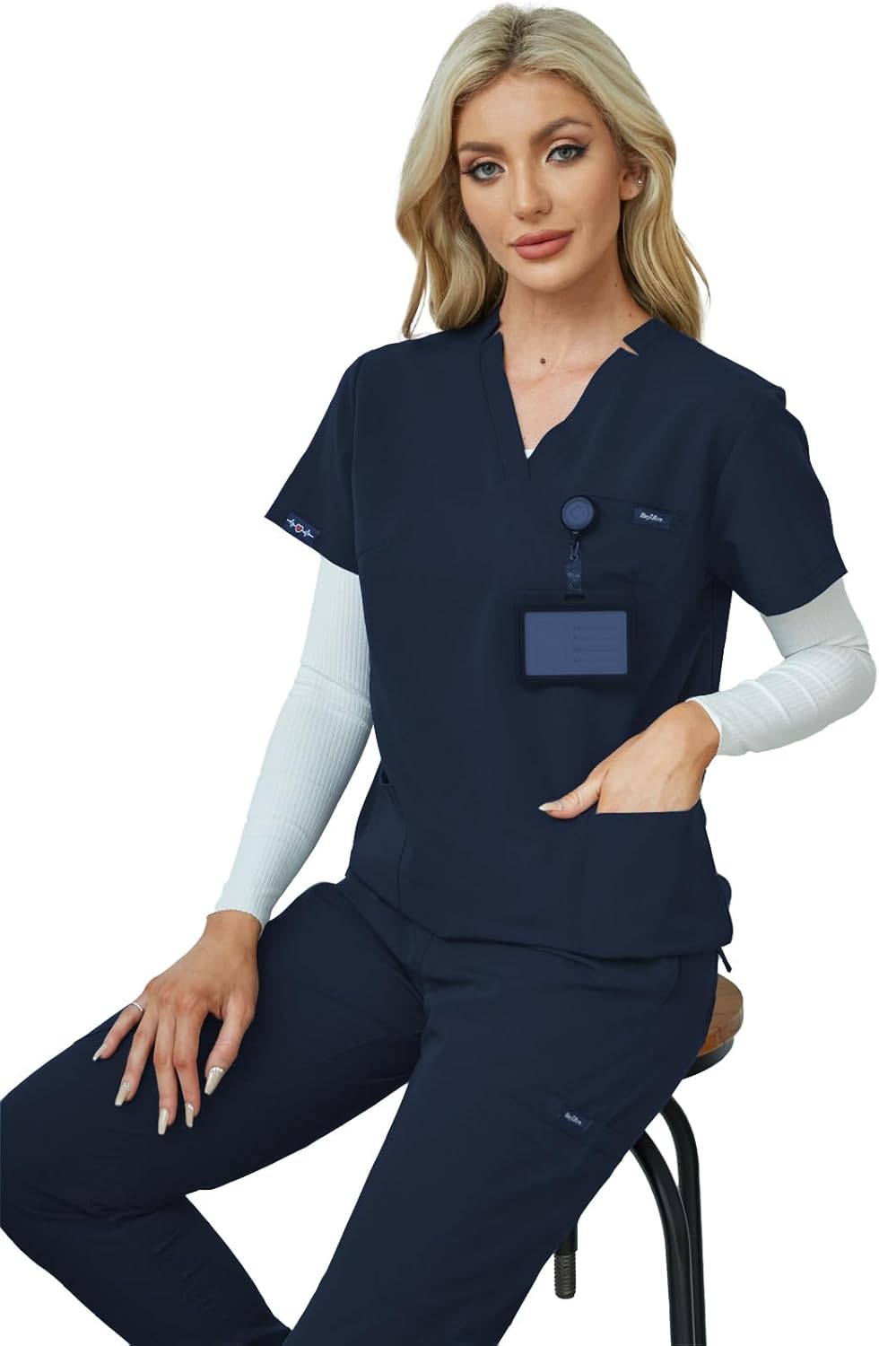 Women's V-Neck Scrubs Set With Cap, Stretchy Top and Jogger Pants, 11 Pockets Nursing Uniform