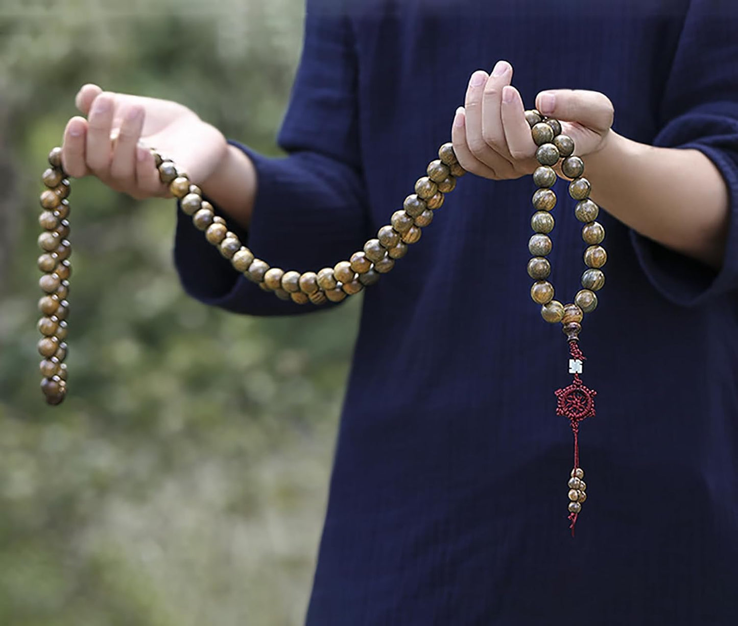 Natural Green Sandalwood 108 Mala Bead Necklace Buddhist Prayer Beads for Meditation or Yoga