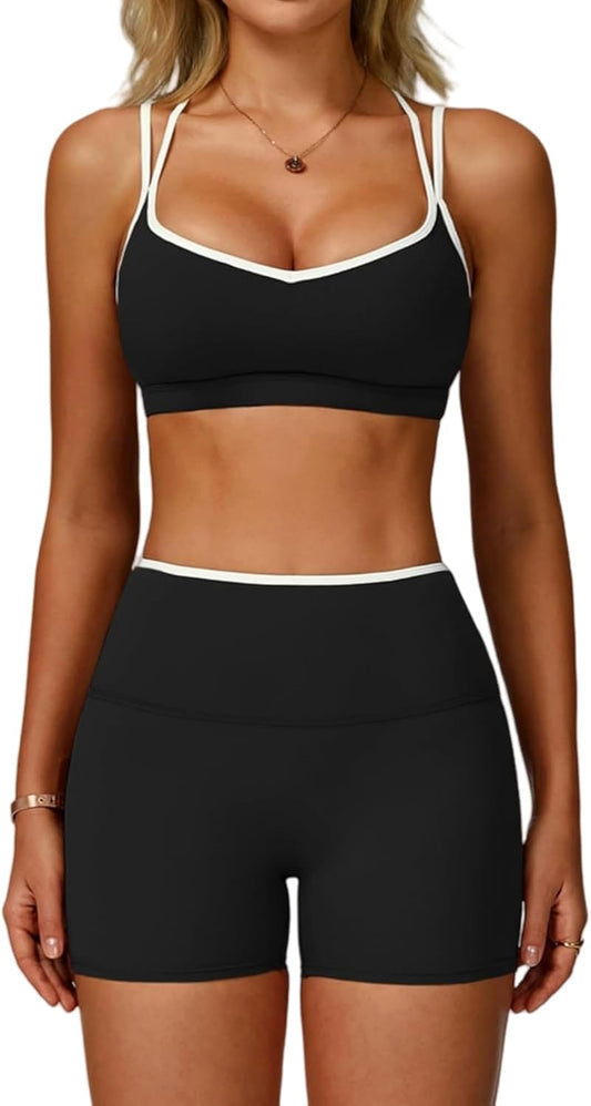 ABOCIW Workout Sets for Women 2 Piece Color Block Strappy Sports Bra High Waist Shorts Gym Yoga Pilates Outfits