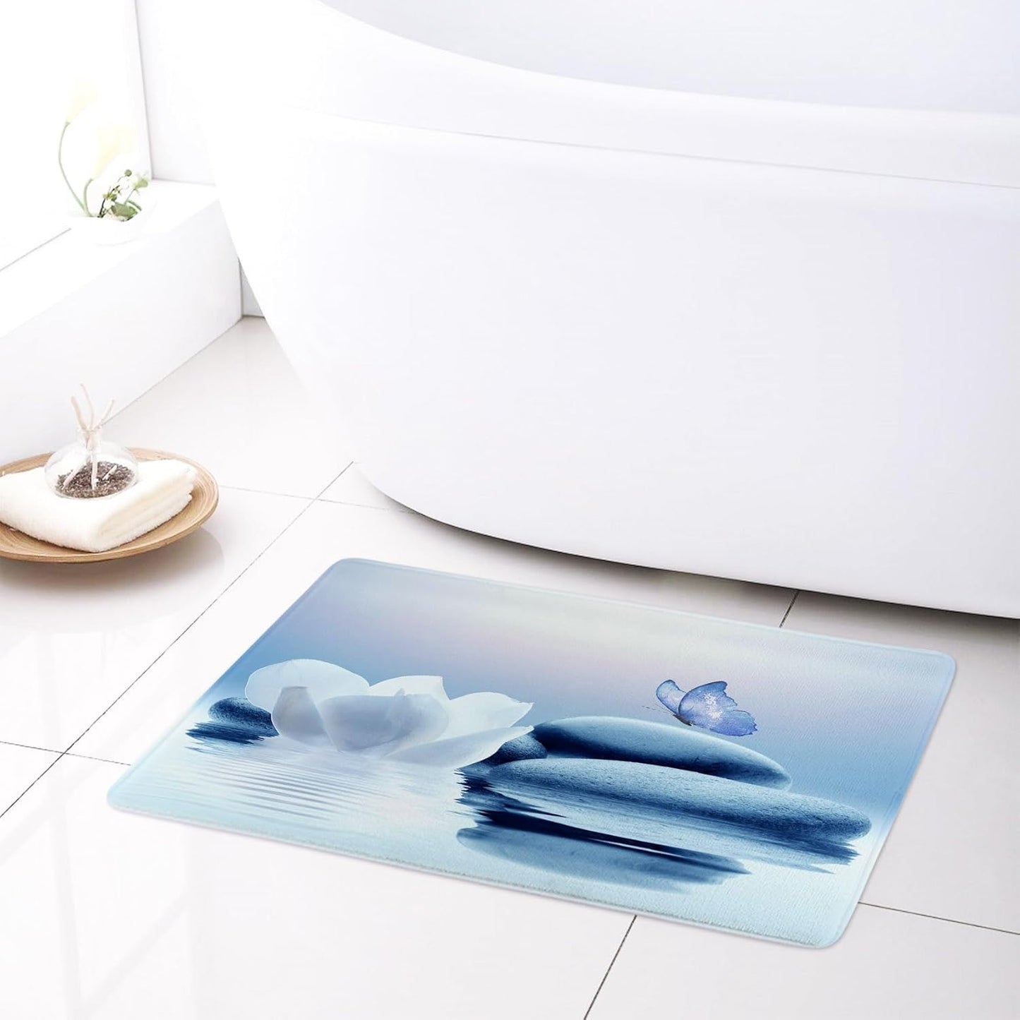 HVEST Zen Blue Floral Bathroom Rugs Zen Stone Water Lily and Butterfly on Lake Bath Mats for Bathroom Modern Yoga Spa Bathtub Mat Non Slip Floor Mat Bathroom Decor Accessories,31W X 20L inches