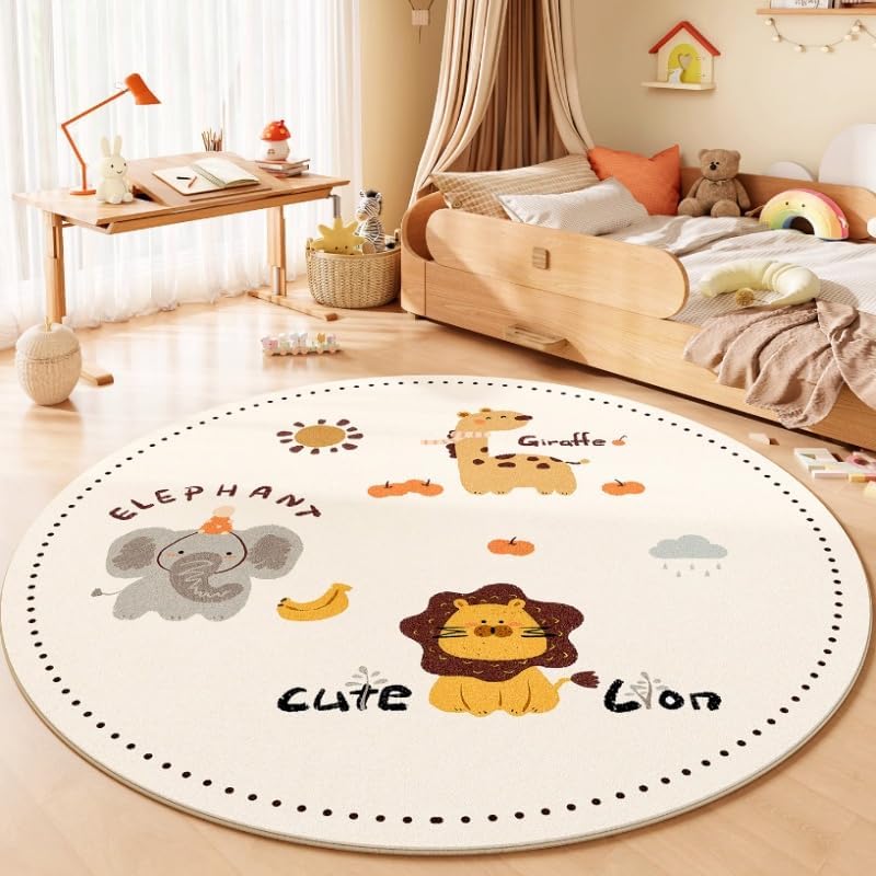 Poowe Cute Animals Kids Room Rug,39.4" Round Washable Area Rugs Rabbit Rug Nursery Rug for Baby Boys Girls Play Mat Floor Carpet Non Slip Soft Rugs for Living Room Bedroom Playroom Classroom