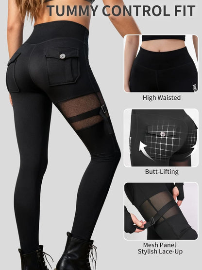 WOSAWE Women's Motorcycle Yoga Leggings with Removable Knee Pads Butt Lifting Cargo Pants