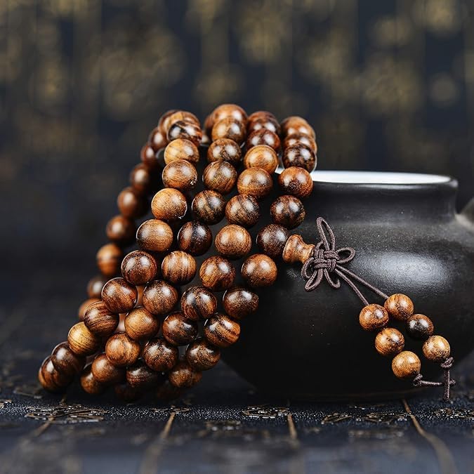 Handmade Mala Beads Bracelet 108 8mm Prayer Meditation Bracelet Sandalwood Elastic, Buddhist Beads, Prayer Mala Necklace for Men and Women Gifts