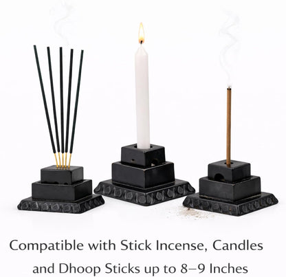 Handmade Marble Black Soapstone Incense Stick Burner | Candle Stick Holder | Tea Light Burner - Perfect Jaali Carving for Gifting. Decorative Home and Kitchen Decor (3 x 3 x 11 Inches).