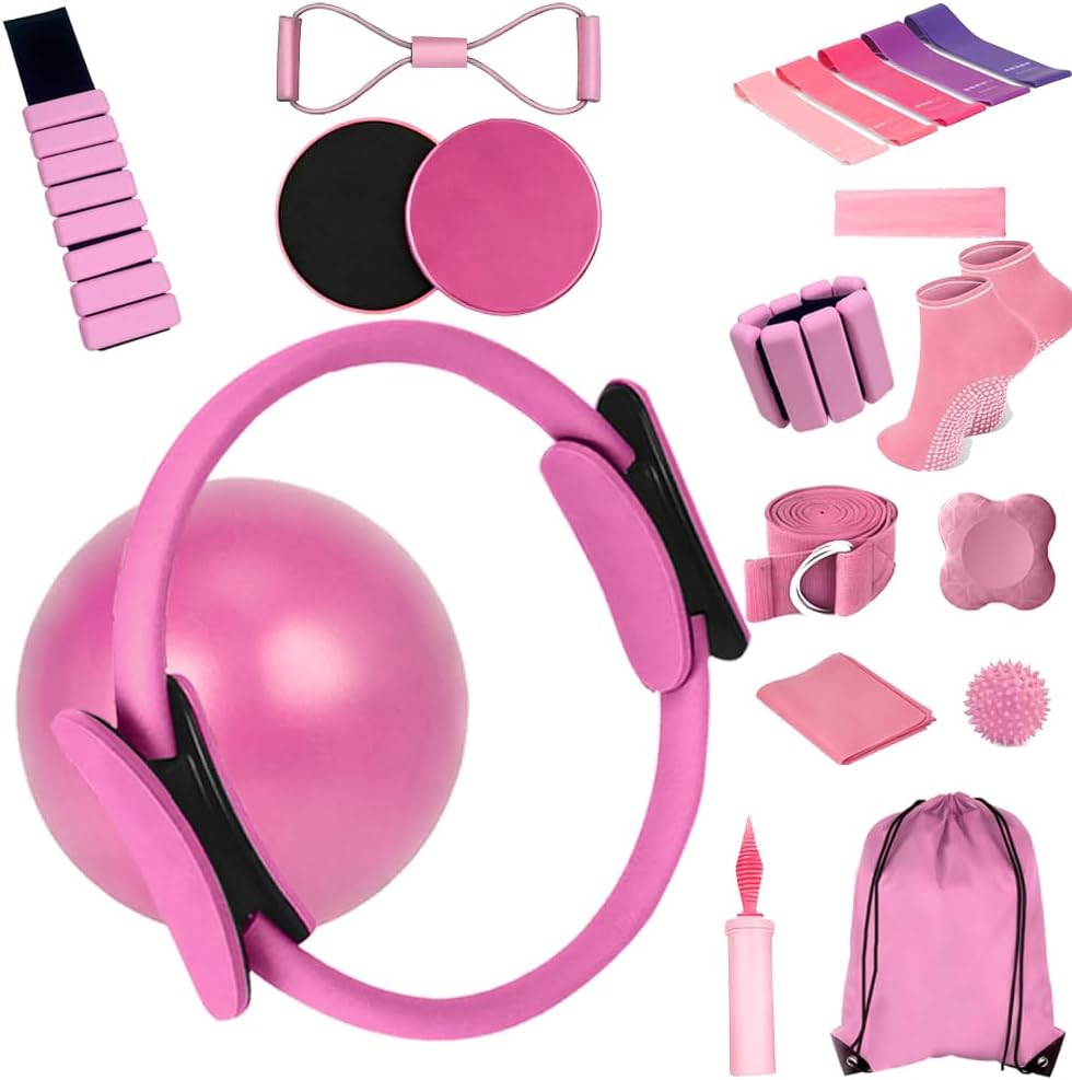 Pilates Equipment Set for Home Workouts –15in1 Home Pilates Kit with Ring and Ball Set, Resistance Bands, Pilates Yoga,Core Sliders & Ankle Weights, Pilates Essentials Kit