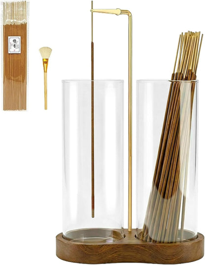 Incense Holder,Wooden Incense Holder for Sticks with 20 Incense Sticks, Anti-ash Incense Burner with Glass Ash Catcher for Meditation Yoga Spa Gift Home Decor