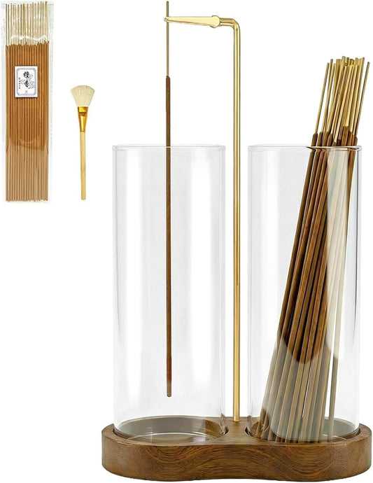 Incense Holder,Wooden Incense Holder for Sticks with 20 Incense Sticks, Anti-ash Incense Burner with Glass Ash Catcher for Meditation Yoga Spa Gift Home Decor