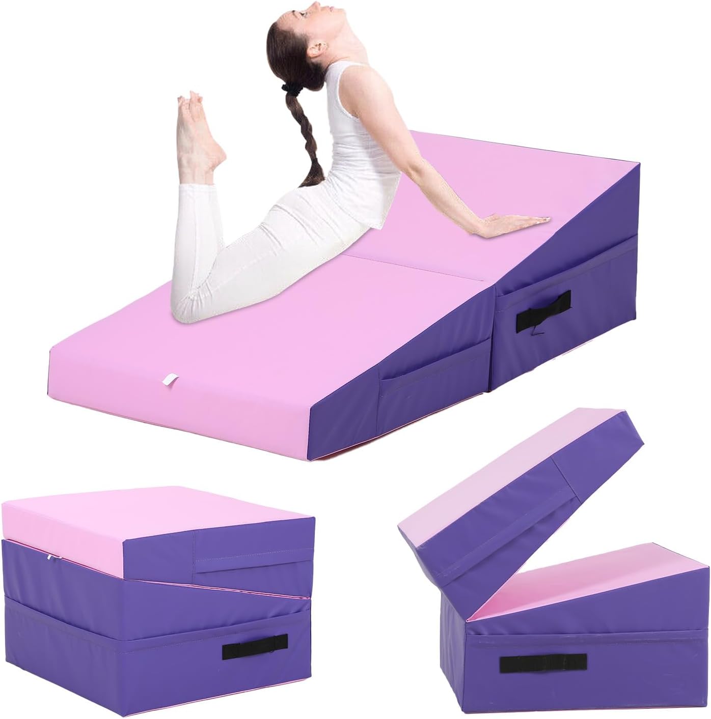 Incline Tumbling Mats yoga mat for Home Gym, Folding Exercise Mat with Non-Slip PU Surface & Handles, Cheese Wedge Mat