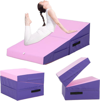 Incline Tumbling Mats yoga mat for Home Gym, Folding Exercise Mat with Non-Slip PU Surface & Handles, Cheese Wedge Mat