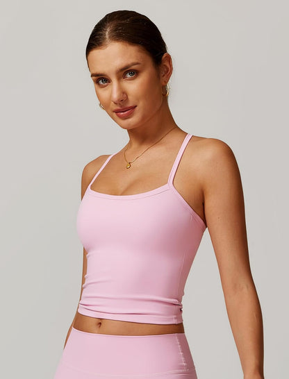 QBGJTD Womens Longline Sports Bras Cross Back Active Gym Yoga Padded Workout Crop Tank Top with Built in Bra