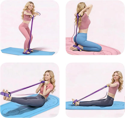 Pedal Resistance Band and Leg Massage Roller Bundle, 8-Tube Exercise Band with Handles and 9-Wheel Circular Muscle Roller, Home Workout and Self-Care Set for Arms, Legs, Calves, Thighs, Blue
