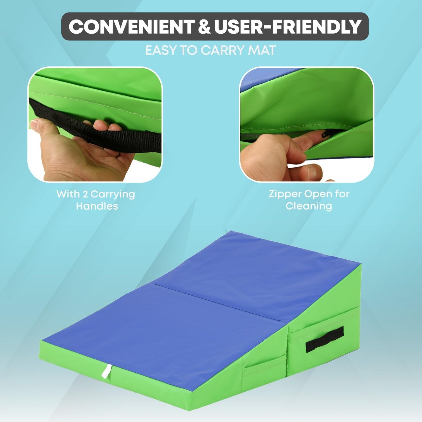 Incline Tumbling Mats yoga mat for Home Gym, Folding Exercise Mat with Non-Slip PU Surface & Handles, Cheese Wedge Mat