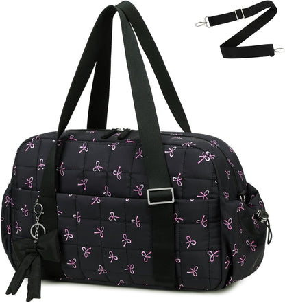 CAMTOP Mini Gym Bag for Women, Small Gym Tote Bag Puffy Quilted Sports Duffel Bag with Wet Compartment and Coin Purse Duffel Bags Dance Yoga Workout Bag for Gifts (All Black, Mini-12.6")
