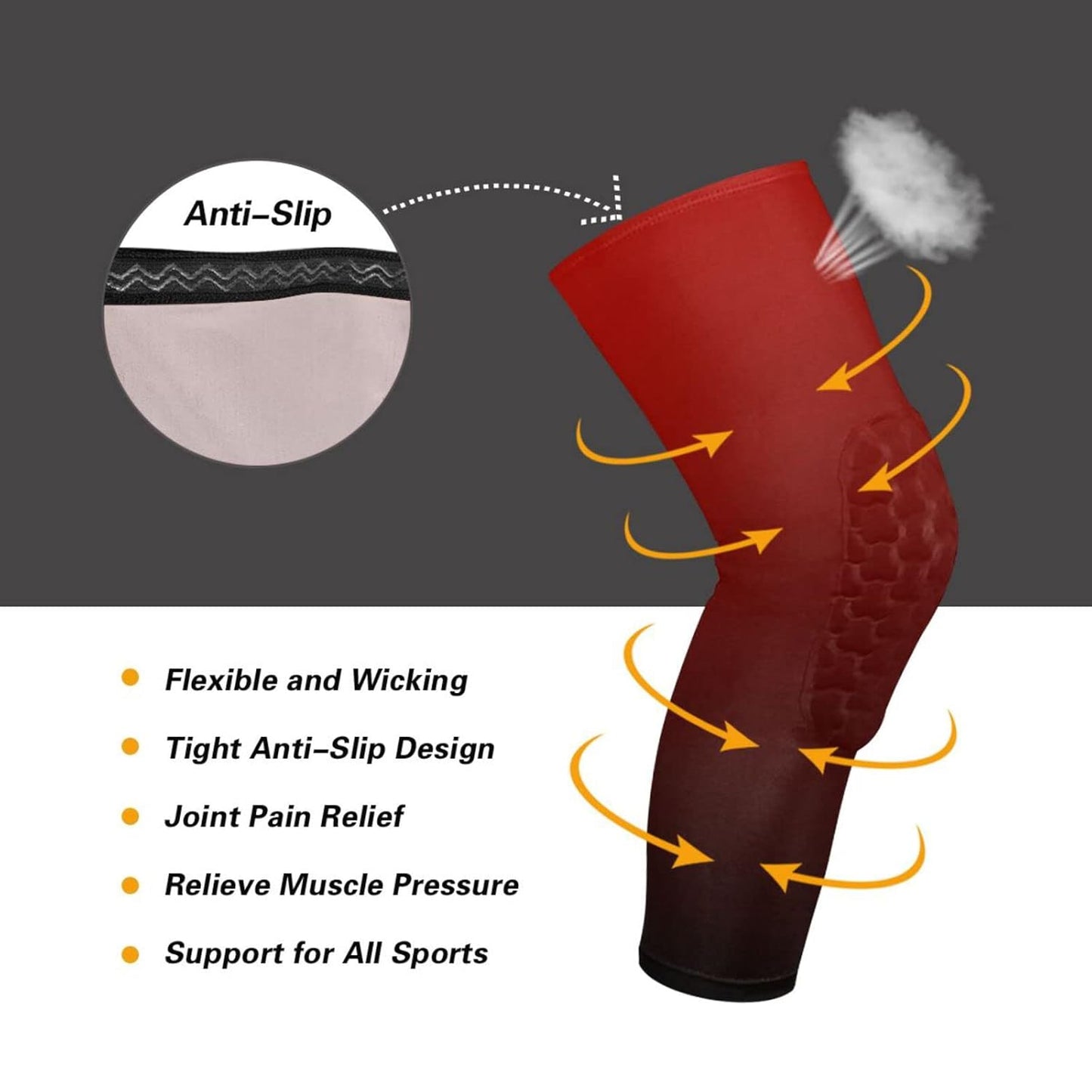 Dark Red Black Gradient Sports Knee Pads Youth Volleyball Basketball Knee Pads Long Leg Sleeves Braces Compression Wrestling Knee Pads for Boys Girls Football Dance Yoga