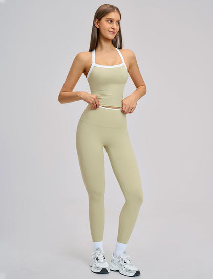 Women 2 Piece Workout Sets Padded Criss Cross Back Crop Tank High Waist Tummy Control Active Leggings Sets Yoga Outfit
