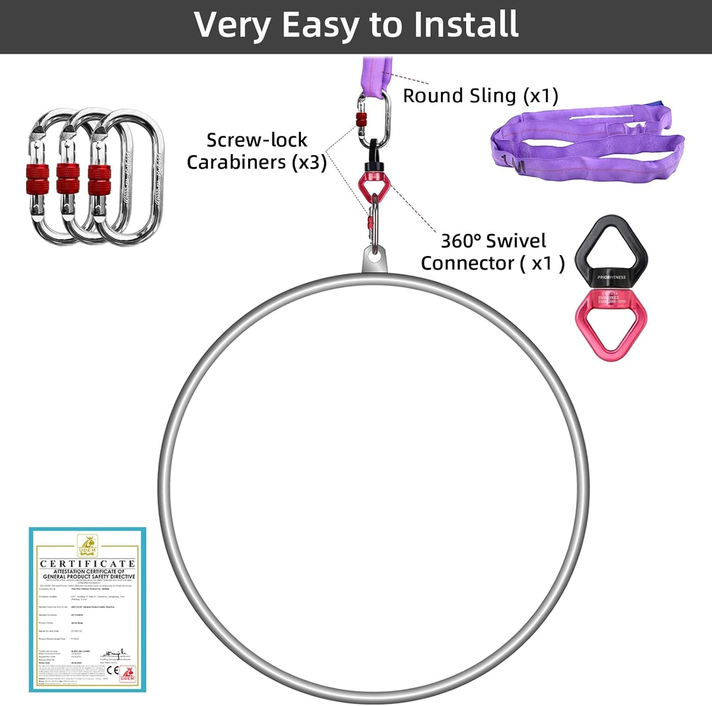 PRIOR FITNESS Aerial Lyra Hoop Set for Adults Suspension Professional Ring Fitness Stainless Steel Single Point Aerial Hoop Equipment Kit(Tube Dia:25mm and 32mm)