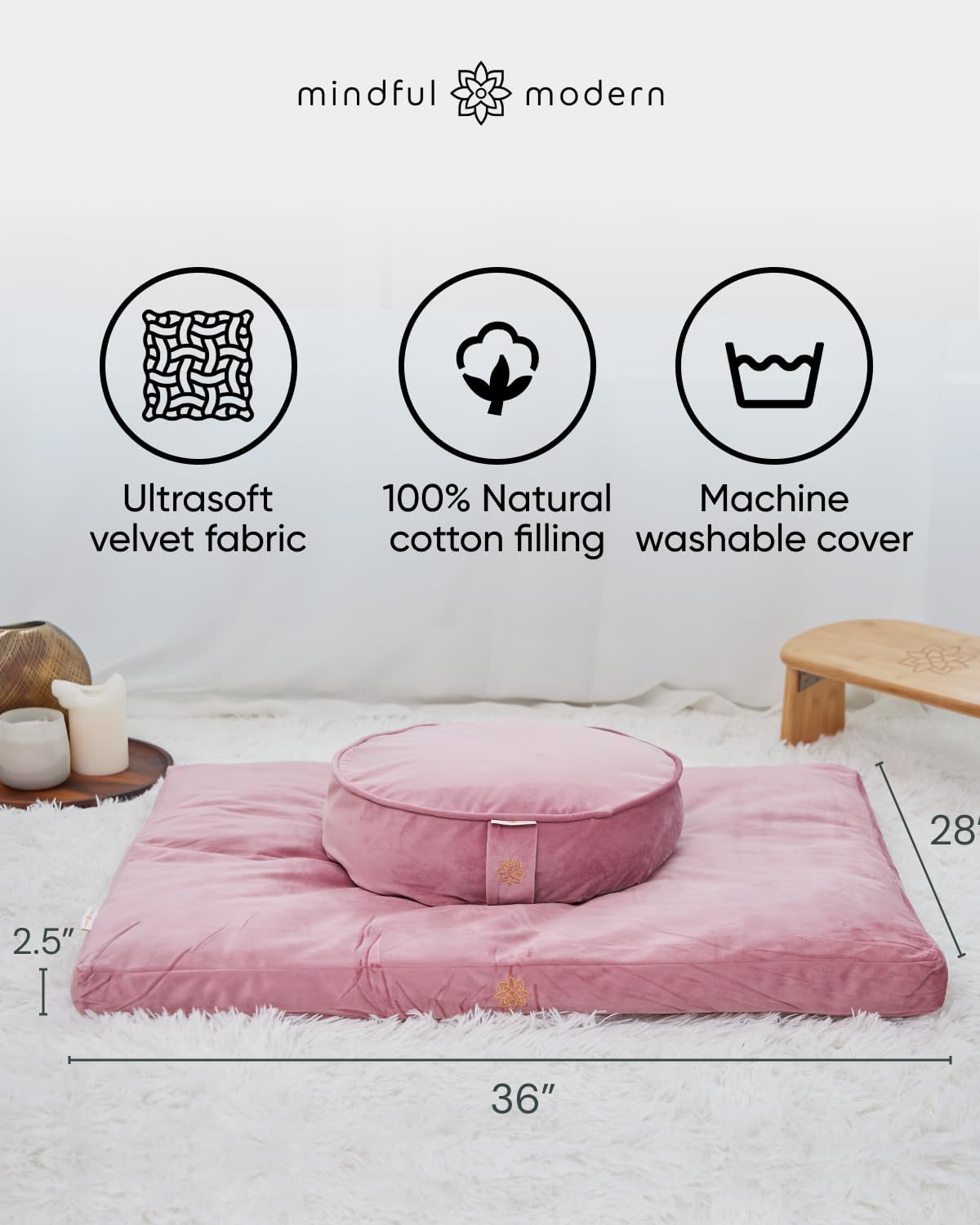 Mindful & Modern Zabuton Meditation Mat - Cotton Filled Yoga and Meditation Pad - Zabuton Meditation Cushion for Kneeling and Sitting Support - Large Rectangular Sitting Floor Pillow for Bench or Zafu