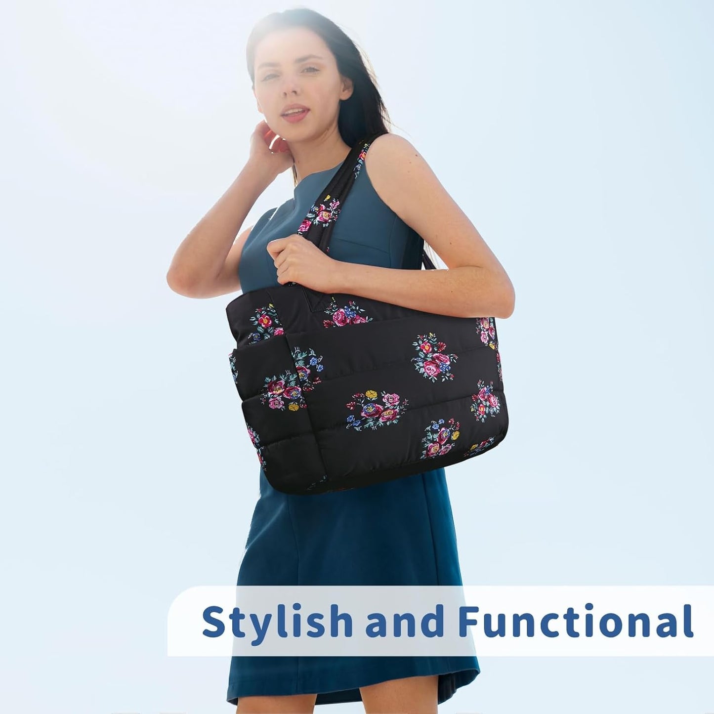 TOPDesign Puffer Tote Bag for Women, Lightweight Puffy Handbag with Compartments, Quilted Shoulder Bag for Work, Travel, Gym - Colors A