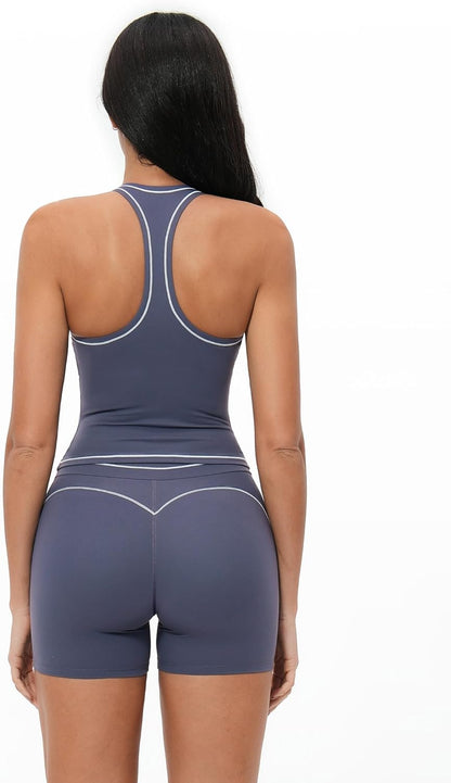 QBGJTD Two Piece Workout Sets for Women Color Block Racerback Tank Tops and High Waist Shorts Gym Yoga Outfits