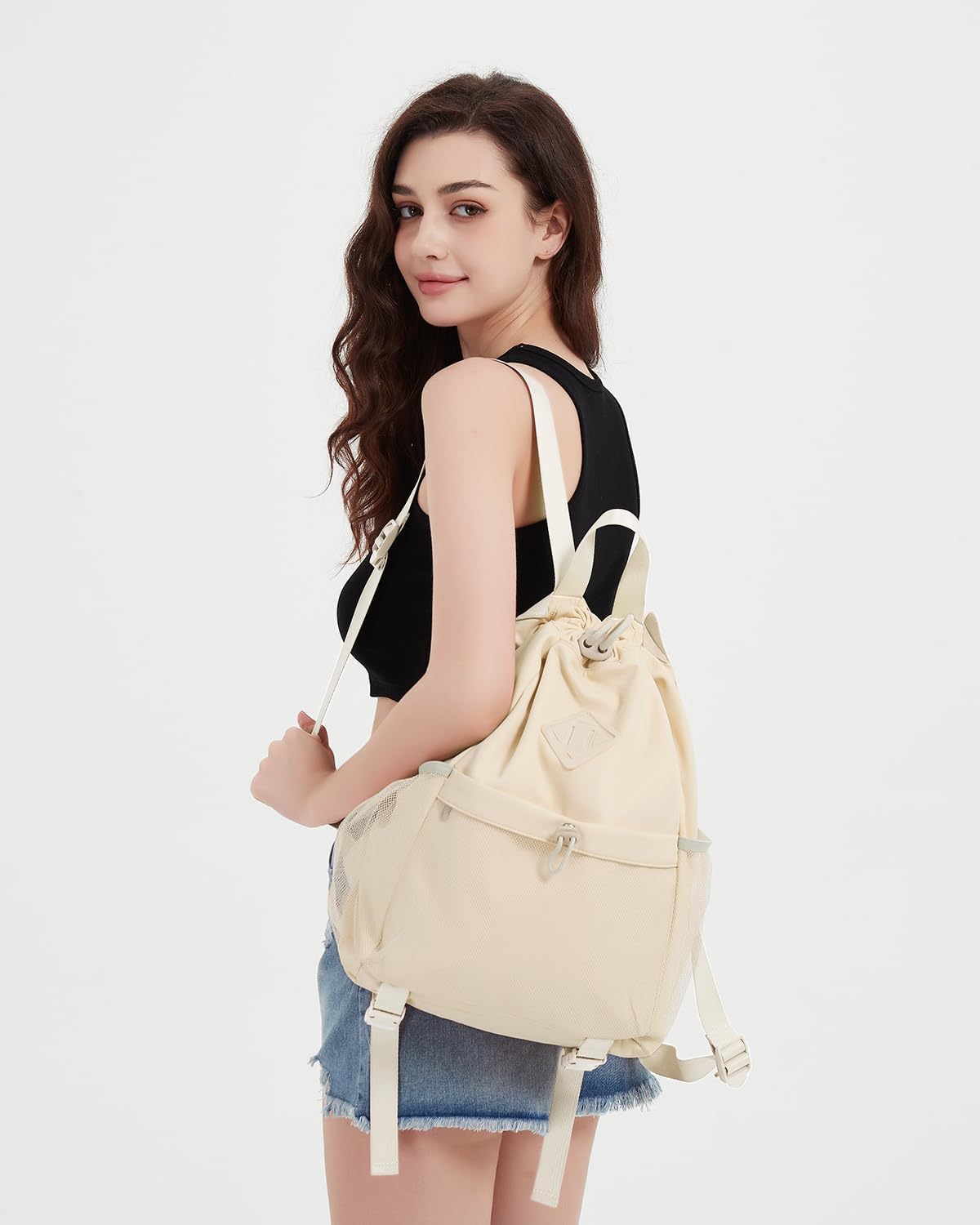 WANDF Drawstring Backpack for Women, Lightweight Gym Bag with Yoga Mat Strap, Water-Resistant String Backpack with Mesh Pocket (Grey, Patent Pending)