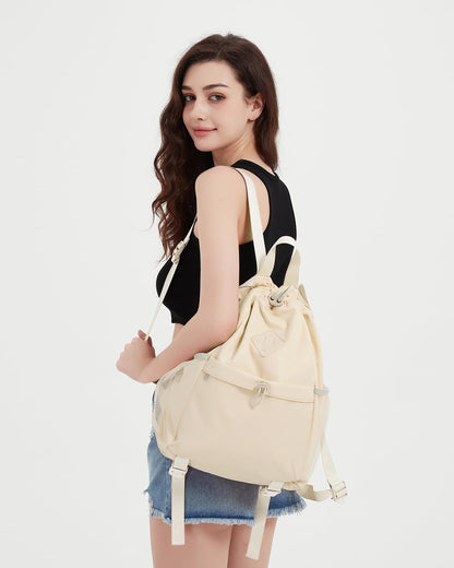WANDF Drawstring Backpack for Women, Lightweight Gym Bag with Yoga Mat Strap, Water-Resistant String Backpack with Mesh Pocket (Grey, Patent Pending)
