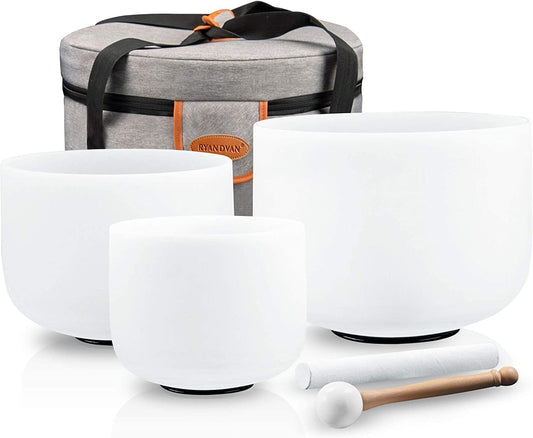RYAN DVAN Crystal Singing Bowl Set of 3, 7"B 9"F 11"D with Case Suede Striker & O-Ring Sound Therapy for Yoga, Reiki, Chakra Healing Energy Tuning & Mindfulness Kit