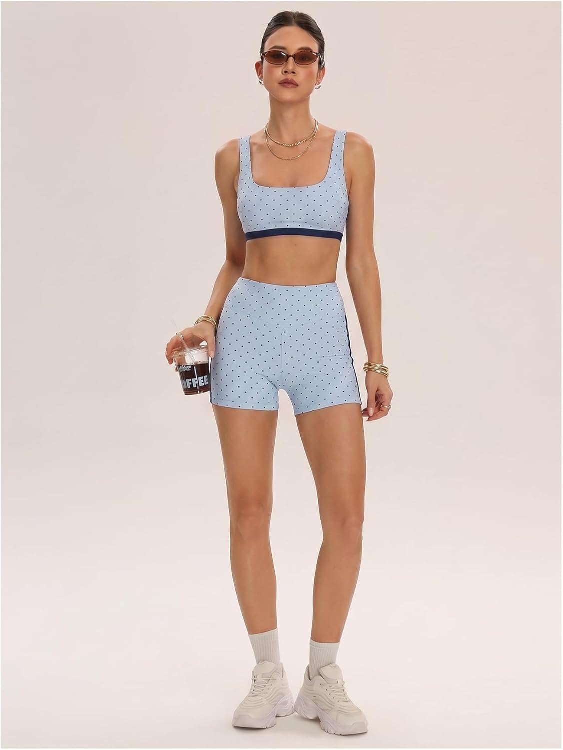 Milumia Women's Polka Dots Workout Set 2 Piece Color Block Bra Tank High Waisted Biker Shorts Layered Matching Yoga Outfit