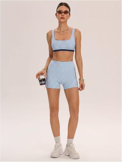 Milumia Women's Polka Dots Workout Set 2 Piece Color Block Bra Tank High Waisted Biker Shorts Layered Matching Yoga Outfit