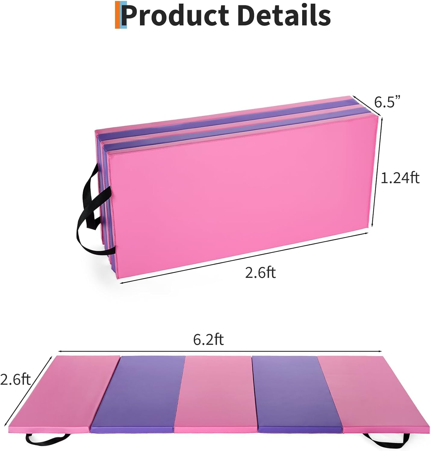Folding Gymnastics Mat, 6x2 Ft(Four-fold) / 6.2x2.6 Ft(Five-fold)-Thick Portable Exercise and Tumbling Pad for Home Gym/Pilates/Aerobics and Martial Arts Training