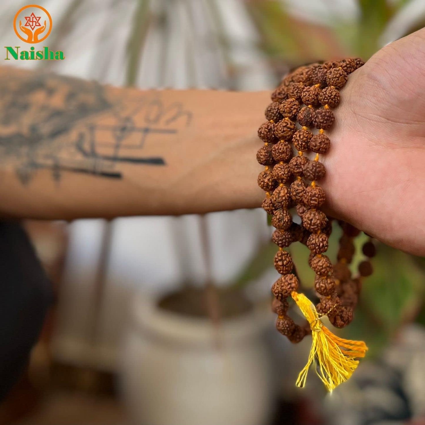 NAISHA Rudraksha Mala 108+1 Beads Necklace, Seed Bead Natural Himalaya 5 face Panch Mukhi Rudraksha Seed, Prayer Beads, Wrist Mala Wrap, Jaap Mala, Bracelet Bead Size 7 mm (1 Pack)…
