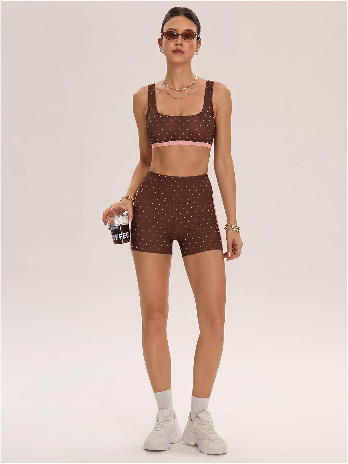 Milumia Women's Polka Dots Workout Set 2 Piece Color Block Bra Tank High Waisted Biker Shorts Layered Matching Yoga Outfit