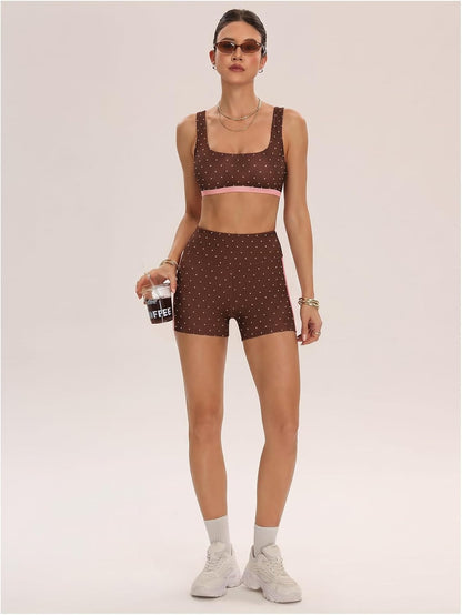 Milumia Women's Polka Dots Workout Set 2 Piece Color Block Bra Tank High Waisted Biker Shorts Layered Matching Yoga Outfit