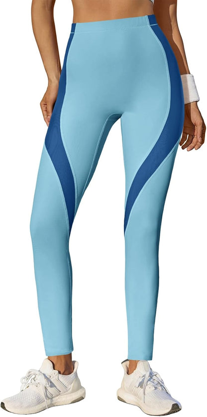 Fisoew Womens High Waisted Leggings Color Block Yoga Pants Workout Running Stretchy No See Through Leggings
