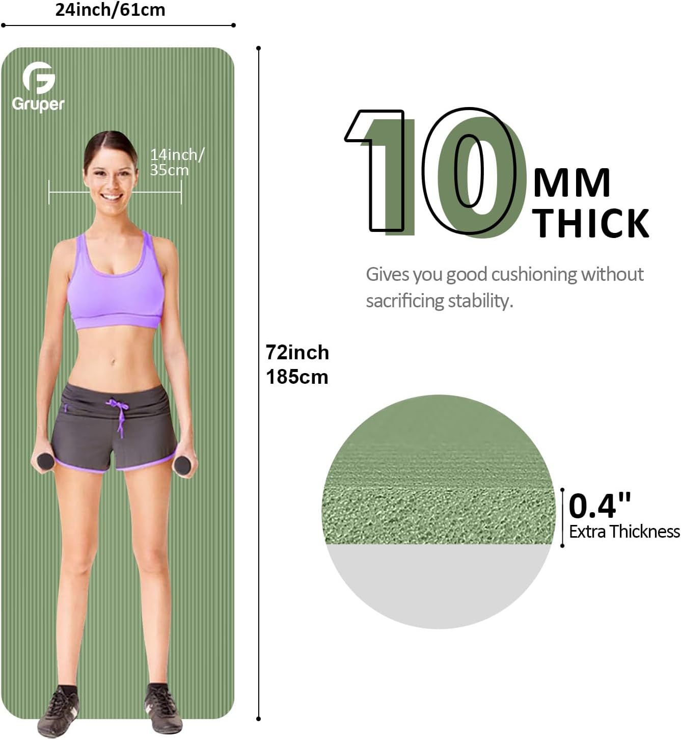 Gruper Yoga Mat Non Slip NBR Extra Thick Yoga Mat, 72"L x 32"/24"W x 0.6"/0.4"TH (185cm x 80cm/61cm x 15mm/10mm), Anti-Tear Exercise Mat with Carrying Strap and Bag, Workout Mats for Yoga, Pilates