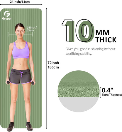 Gruper Yoga Mat Non Slip NBR Extra Thick Yoga Mat, 72"L x 32"/24"W x 0.6"/0.4"TH (185cm x 80cm/61cm x 15mm/10mm), Anti-Tear Exercise Mat with Carrying Strap and Bag, Workout Mats for Yoga, Pilates