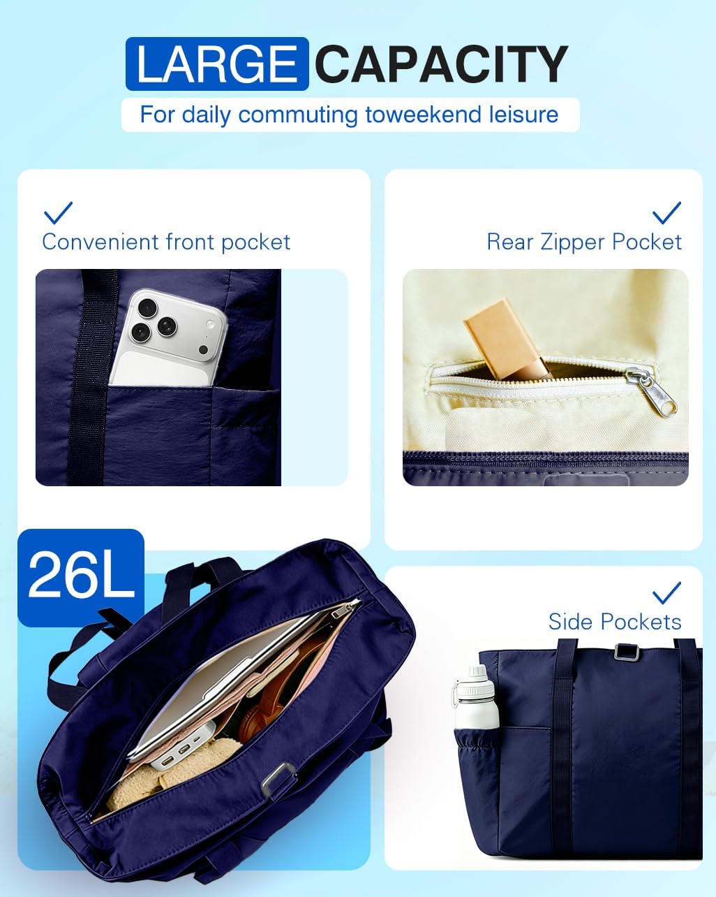 Tote Bag for Women, 26L Capacity Travel Purses Work Bag, Small Zipper Tote Bag for Travel Nurse Gym Teacher