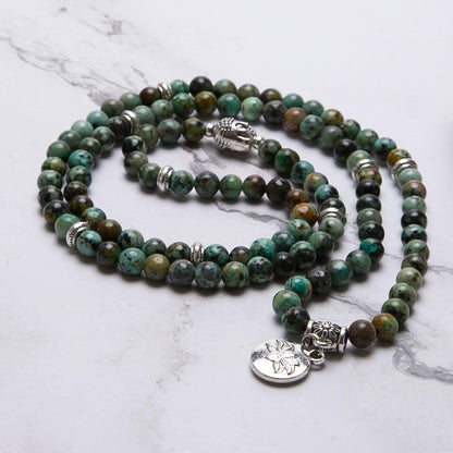 Bivei 108 Mala Beads Necklace Long Beaded Wrap Bracelets Genuine Gemstone Mala Prayer Beads Lotus Buddha Charm Yoga Meditation Necklace