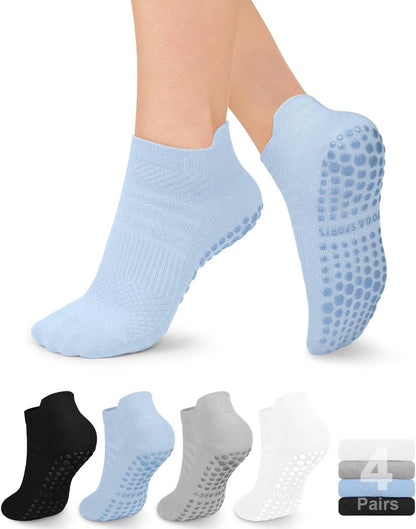 yeuG Pilates Socks for Women Non Slip Grip Socks for Yoga, Barre, Hospital, Barefoot Grippy Yoga Sock Womens Gifts 4 Pairs