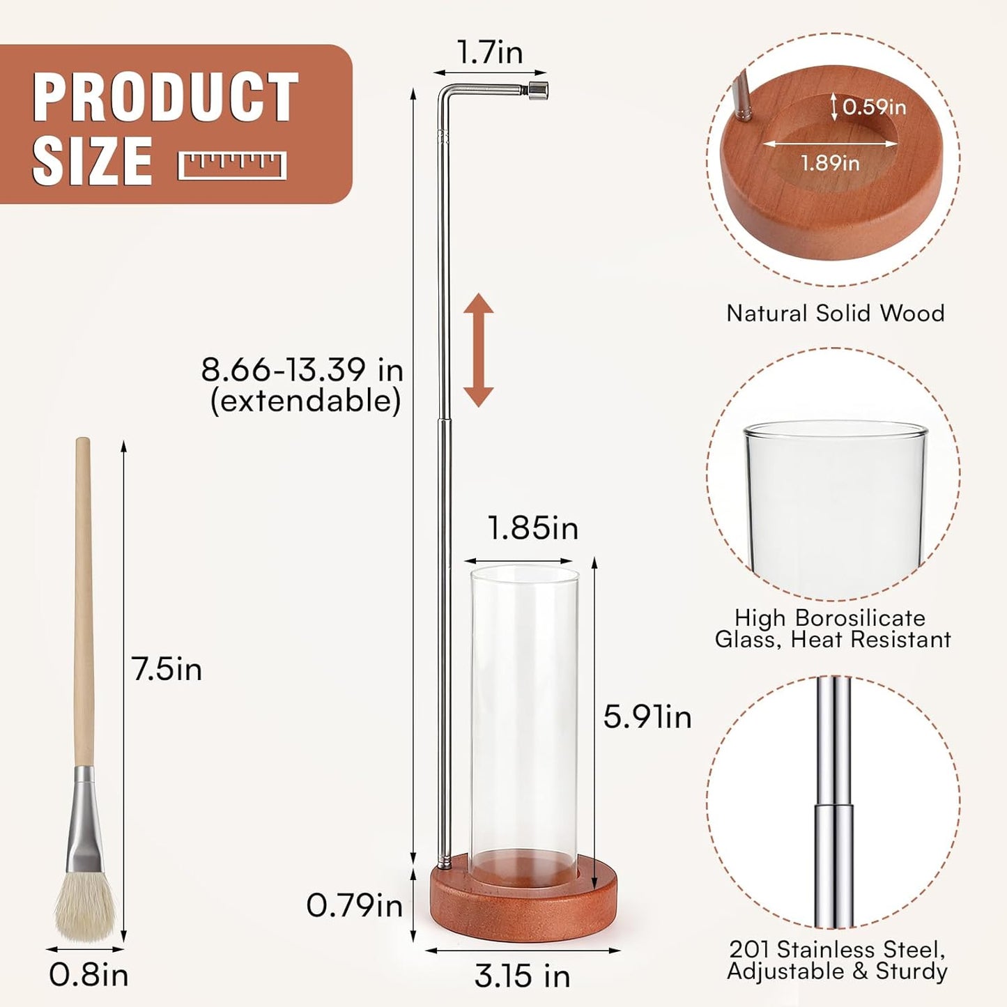 Incense Holder for Sticks, 2 in 1 Incense Burner with Glass Ash Catcher & Storage, Upside Down Incense Holder, Adjustable Stem with Threaded Lock for Yoga Spa Home Decor (Extends 8.7"-13.4")