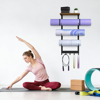 Yoga Mat Holder Wall Mount, Yoga Mats Storage Rack, Home Gym Wall Organizer Holder with Wood Floating Shelf and 5 Hooks, Storage Rack for Hanging Foam Roller/Band/Workout Equipment
