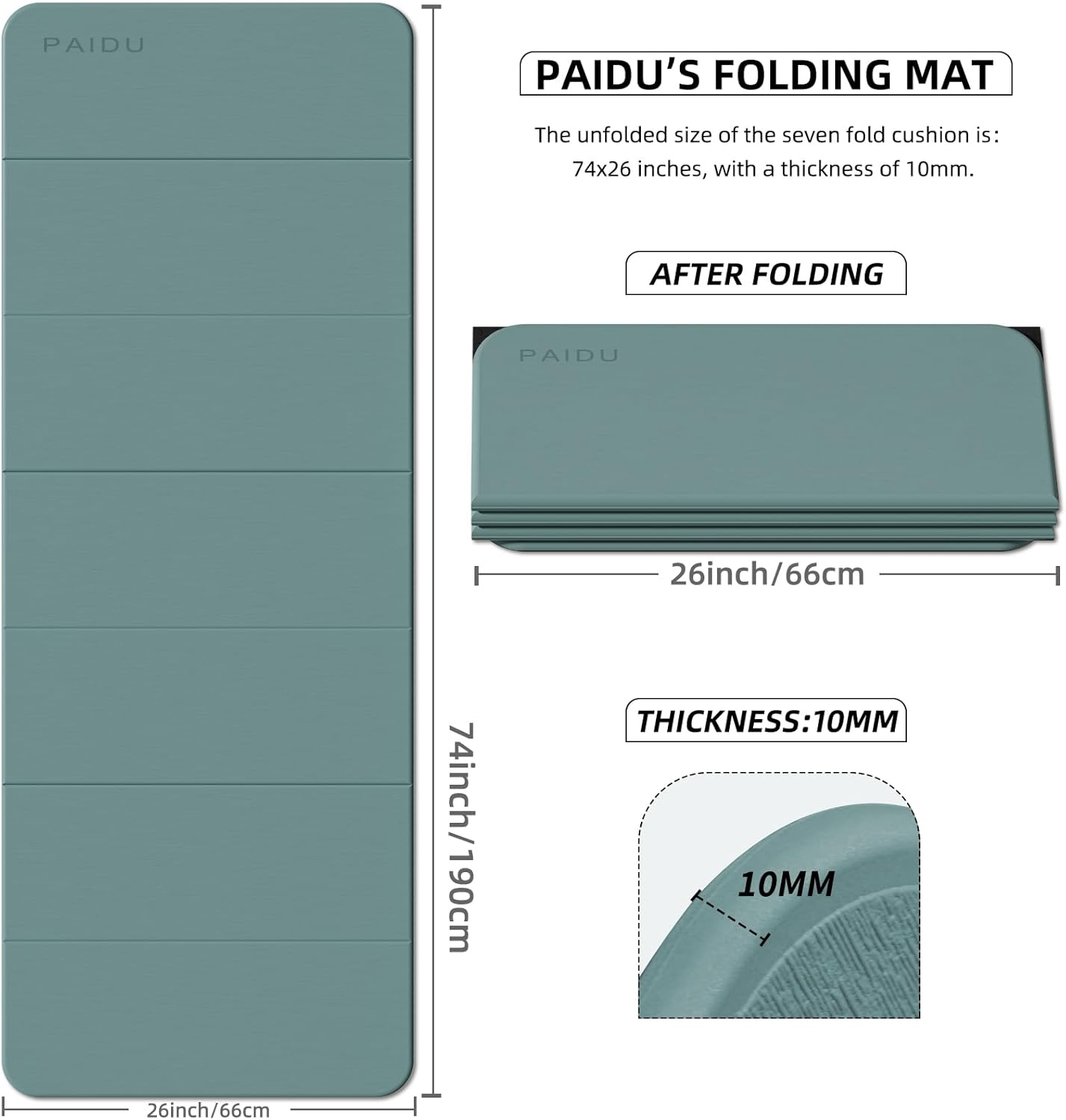 PAIDU Foldable Fitness Yoga Mat | 2/5" (10MM) Extra Thick | SGS Certified Non-Slip TPE | 75x26" Extra Long-Wide | Portable & Easy Store | for Yoga, Pilates, Home Gym & Full-Body Workouts
