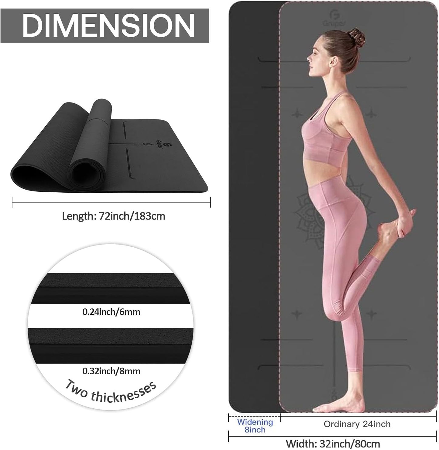 Gruper Yoga Mat Non Slip TPE Extra Wide Yoga Mat with Alignment Mark, 72"L x 32"W x 0.32"/0.24"Th (183cm x 80cm x 8mm/6mm), Anti-Tear Exercise Mat with Carrying Strap and Bag, Workout Mats for Yoga, Pilates