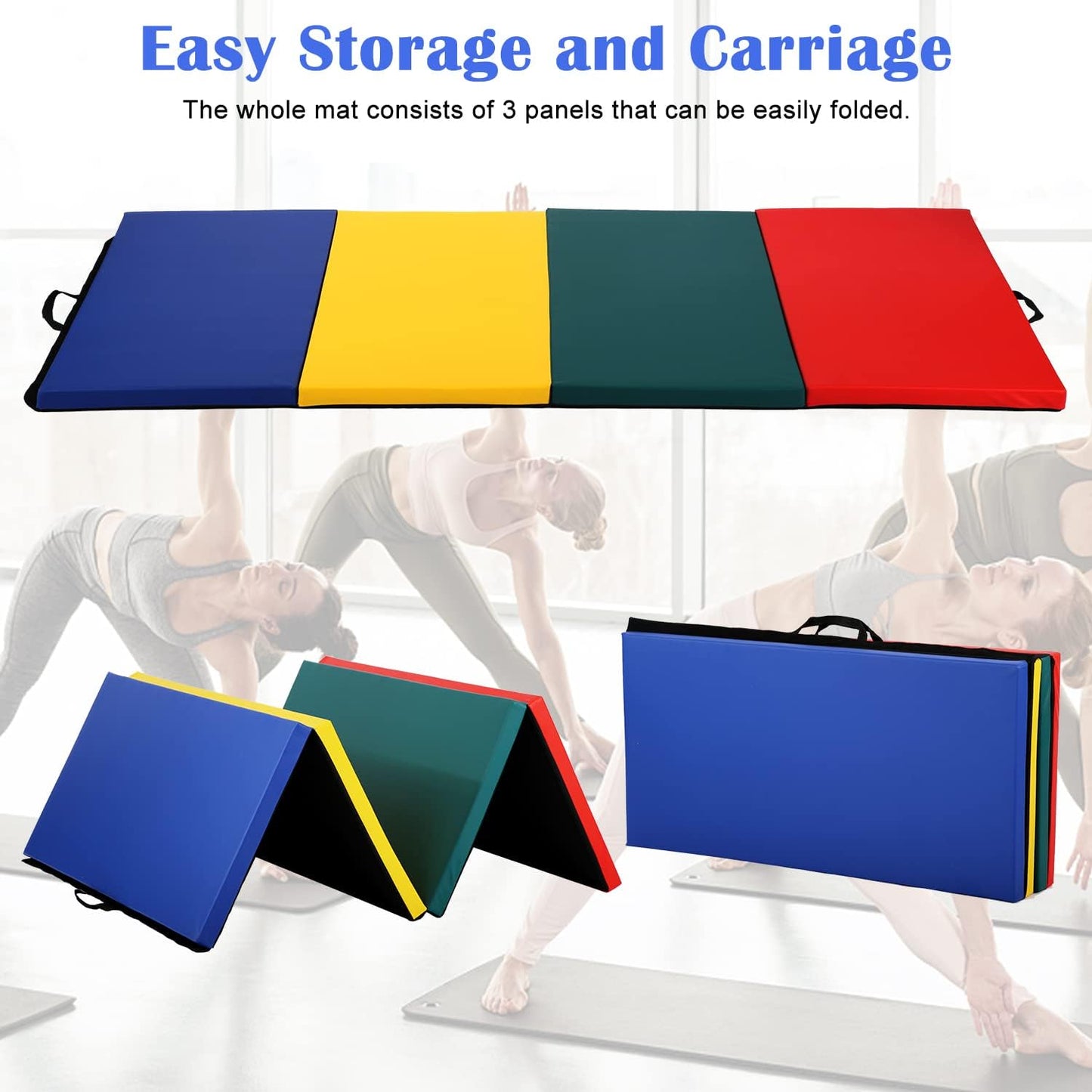 Gymnastics Mat for Tumbling, Folding Tumbling Mat Exercise Mat Gym Mat Tumbling Mats for Kids, Adults, PU Leather Yoga Mat with Carrying Handles