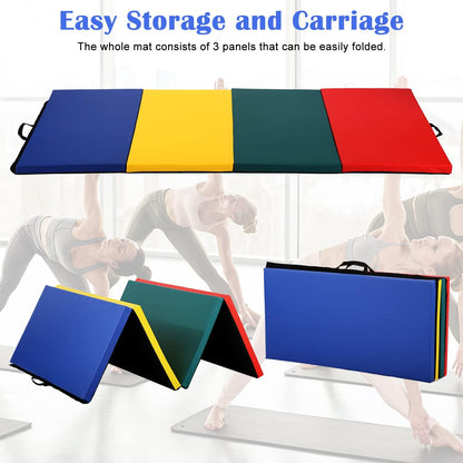 Gymnastics Mat for Tumbling, Folding Tumbling Mat Exercise Mat Gym Mat Tumbling Mats for Kids, Adults, PU Leather Yoga Mat with Carrying Handles