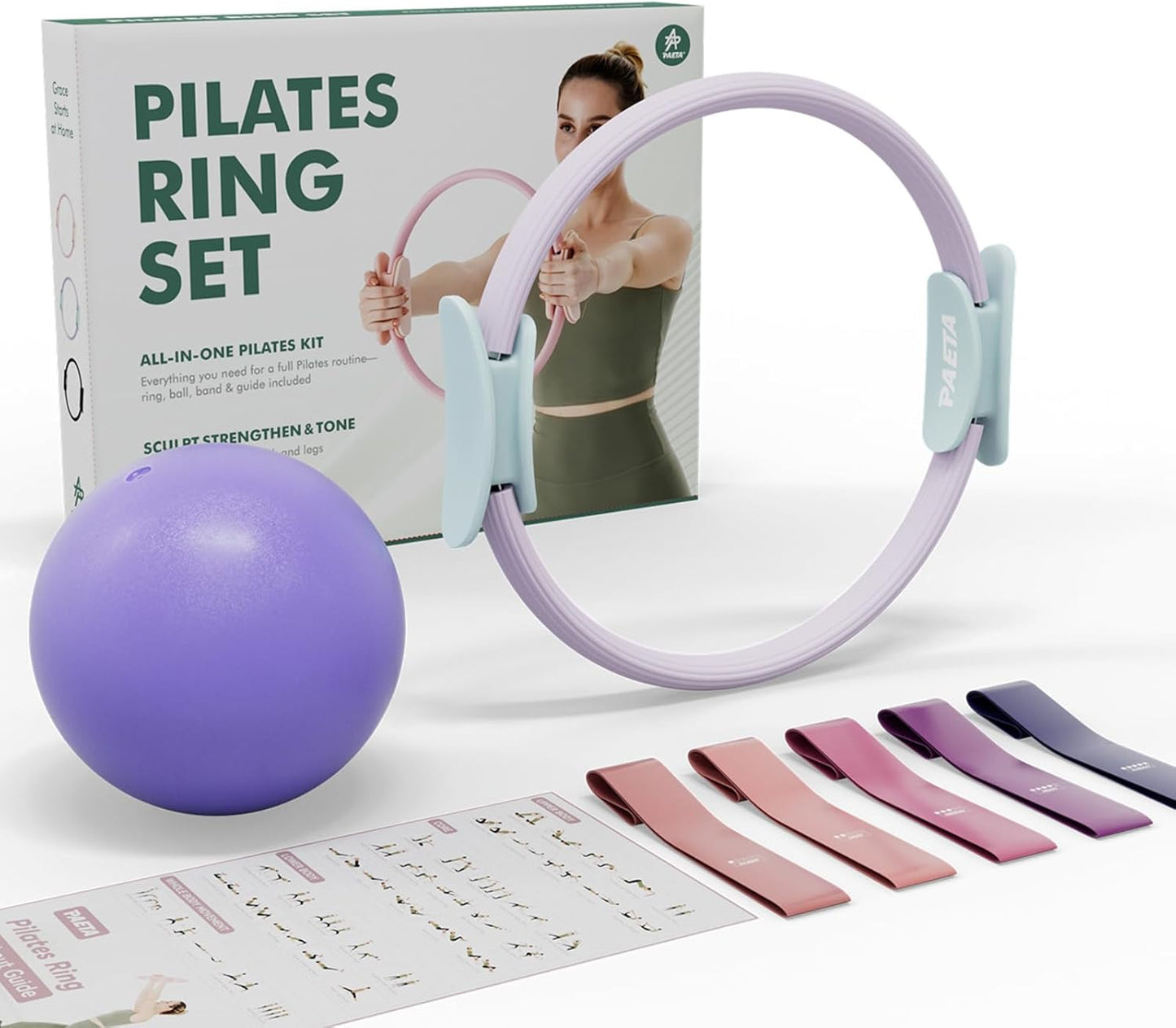 PAETA Pilates Ring Set – 14” Magic Circle (38 lbs Resistance), 9.8” Pilates Ball, 5 Resistance Bands, and Exercise Guide Included for Home Workouts