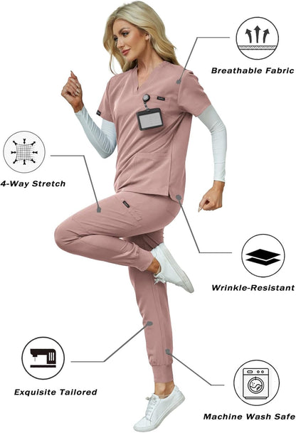 Women's V-Neck Scrubs Set With Cap, Stretchy Top and Jogger Pants, 11 Pockets Nursing Uniform