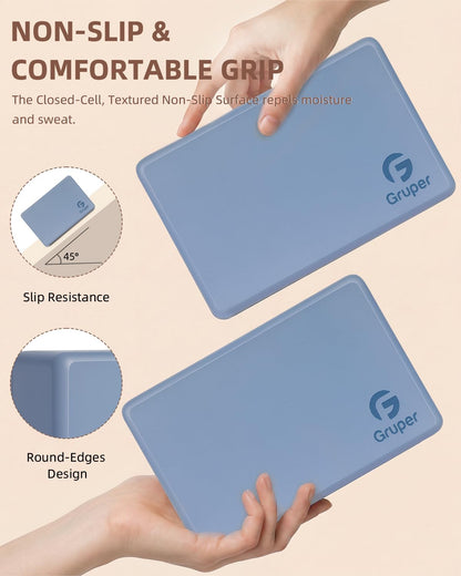 Gruper Yoga Blocks 2 Pack, 9"x6"x3" Exercise Blocks High-Density EVA Foam Blocks with Soft Non-Slip Surface, Lightweight Yoga Props for Yoga Pilates Meditation & Stretching