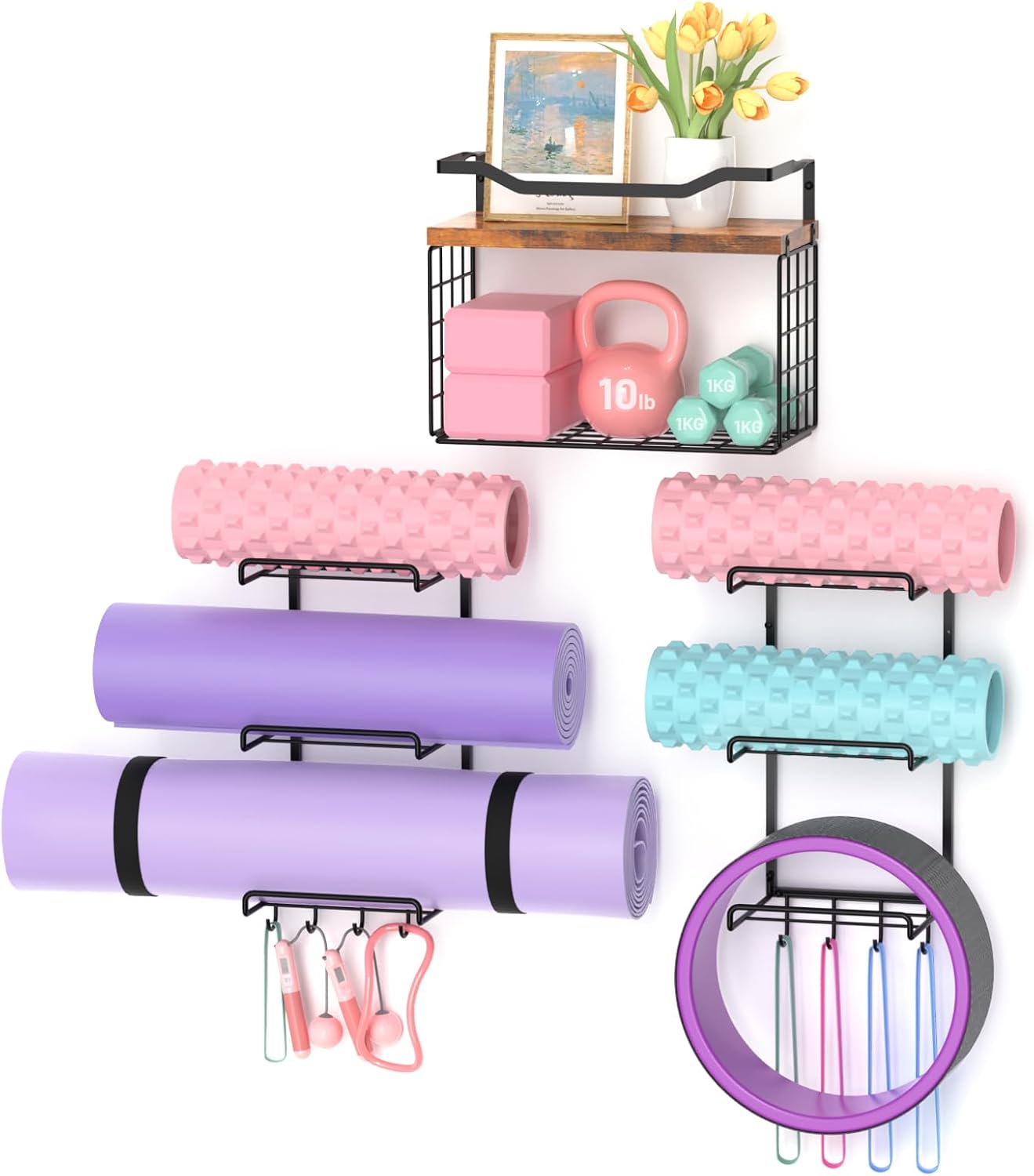 Yoga Mat Holder Black, Wall Mount Yoga Mat Storage Rack, Yoga Accessory Organizer With Wood Floating Shelves, 4 Hooks Hanging Yoga Strap & Resistance Bands, Home Gym Equipment Storage Decor
